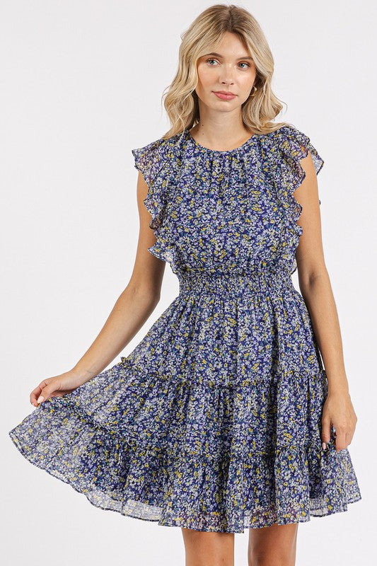 Dark Navy Ditsy Floral Ruffle Chiffon Dress - Eclectage