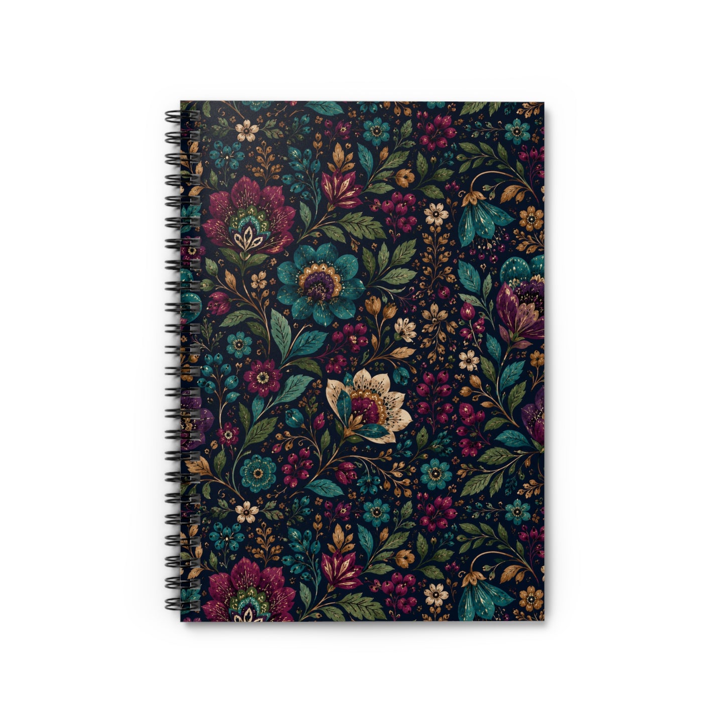 Dark Boho Floral Spiral Notebook — Lined Journal with Botanical Cover