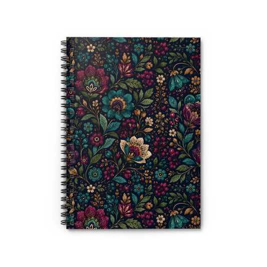 Dark Boho Floral Spiral Notebook — Lined Journal with Botanical Cover