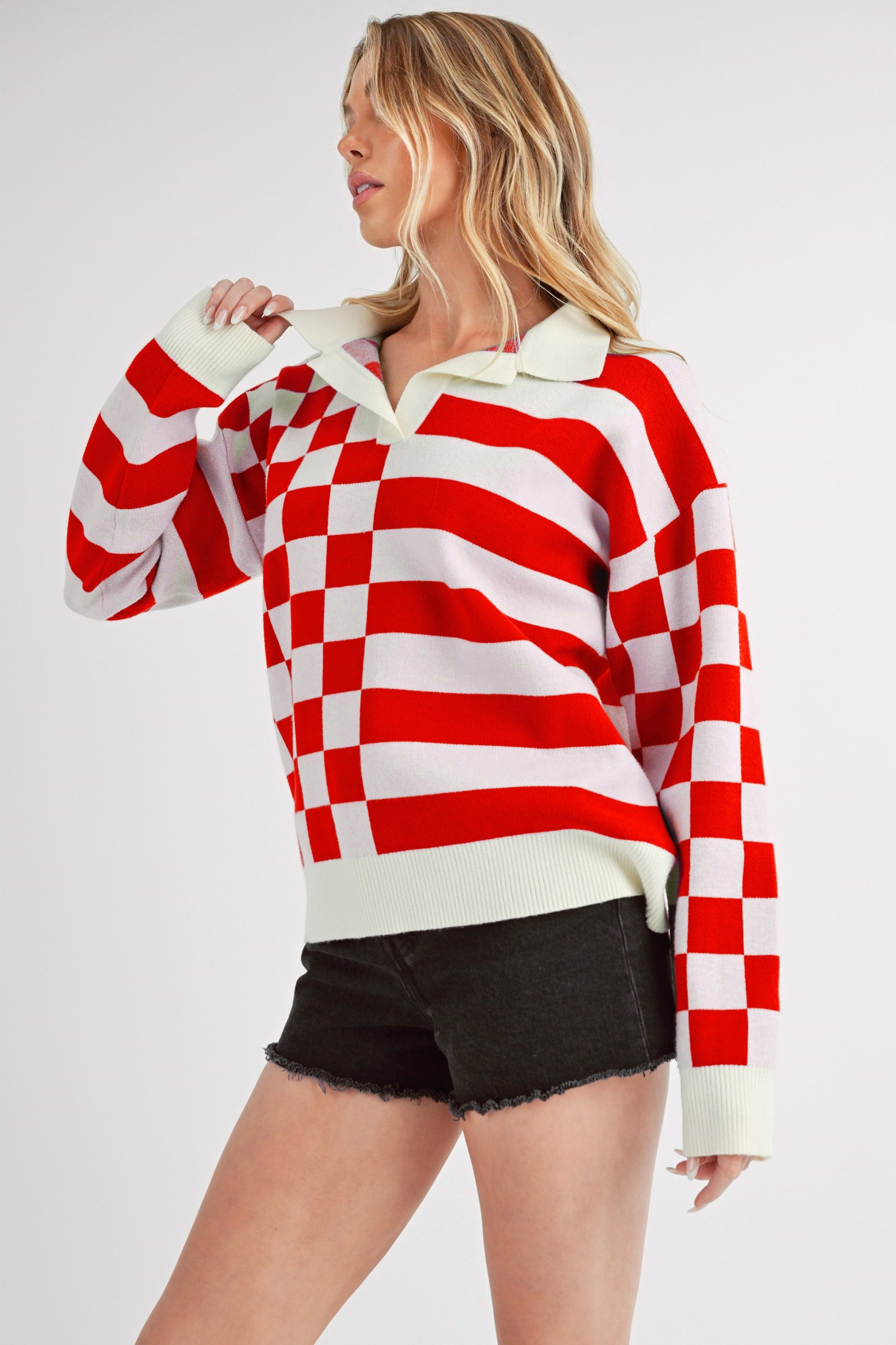 Striped & Checkered Drop Shoulder Sweater - Eclectage