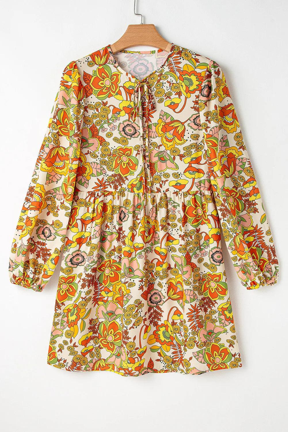 Retro Floral Balloon Sleeve Mini Dress - Eclectage