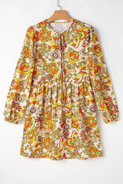 Retro Floral Balloon Sleeve Mini Dress - Eclectage