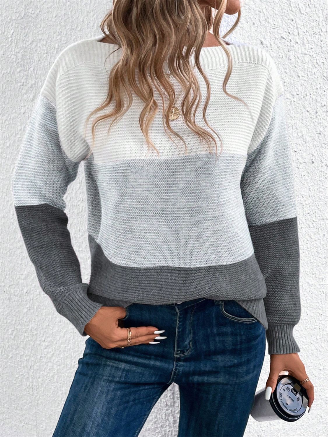 Color Block Drop Shoulder Long Sleeve Sweater - Eclectage