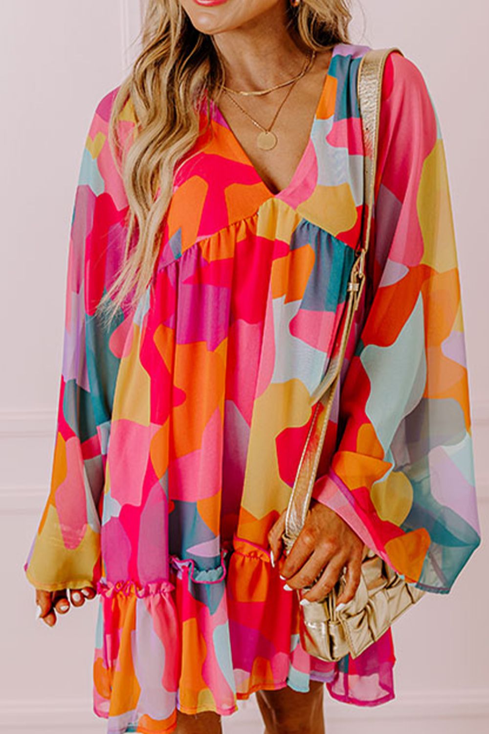 Ruffle Hem Color Block Long Sleeve Dress