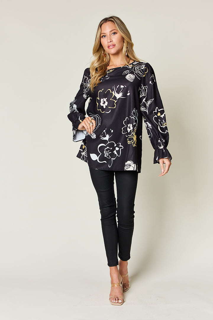 Black Floral Flounce Sleeve Blouse - Eclectage