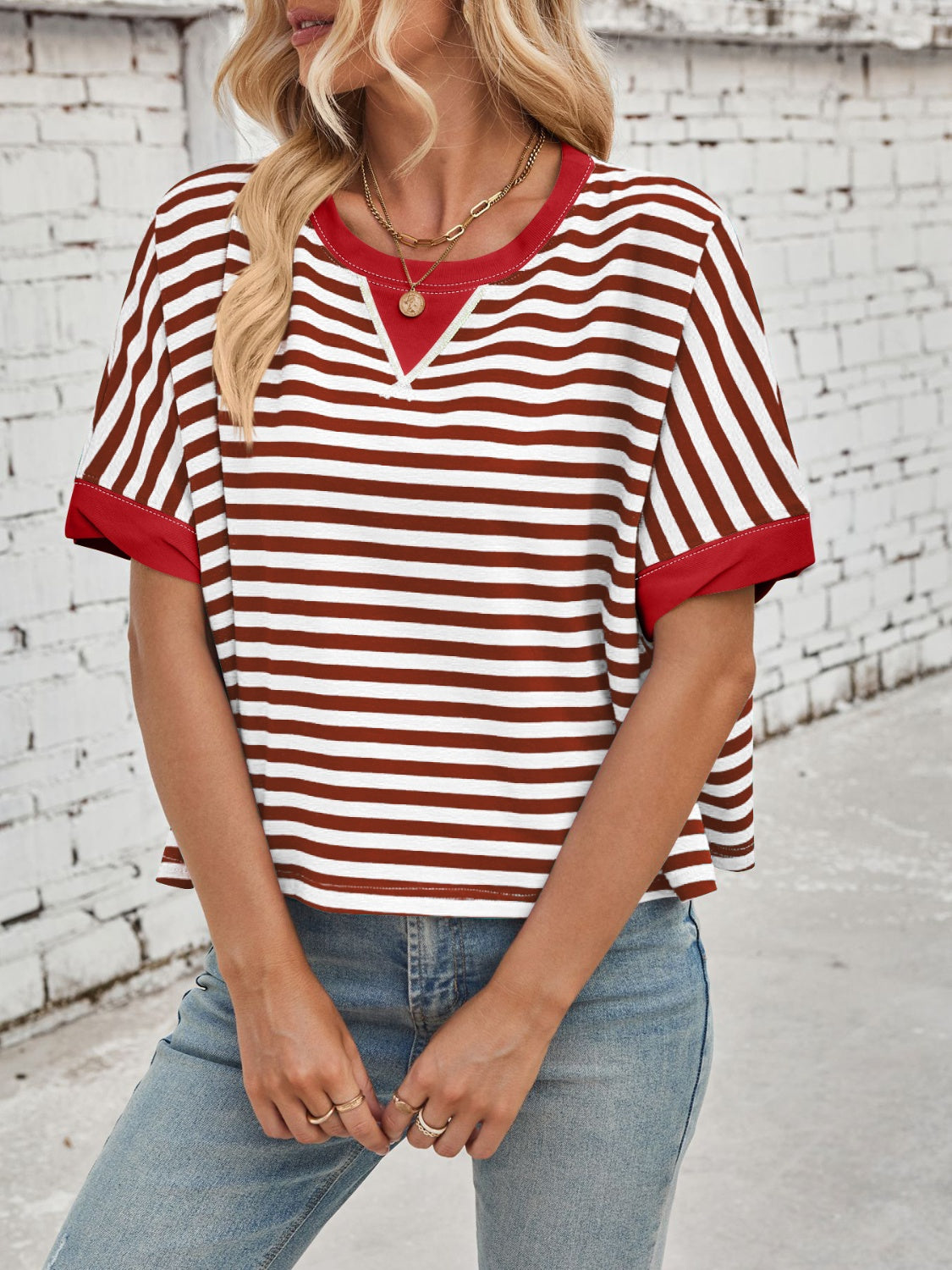 Lovelet Striped Round Neck Short Sleeve T-Shirt - Eclectage