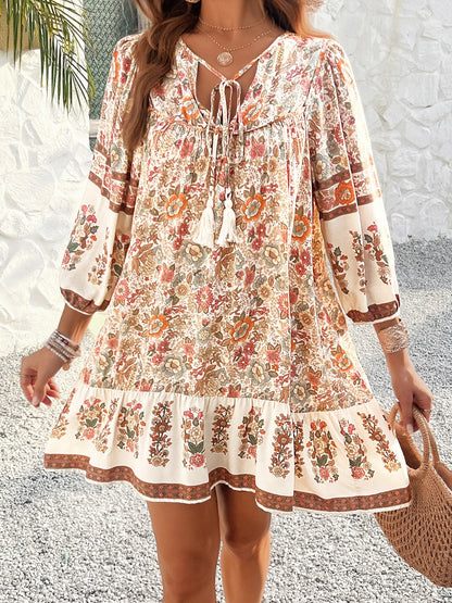 Floral Tie Neck Mini Dress - Eclectage