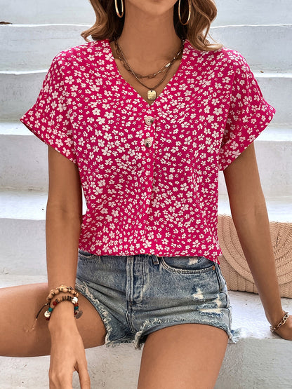 Floral V-Neck Short Sleeve Blouse - Eclectage