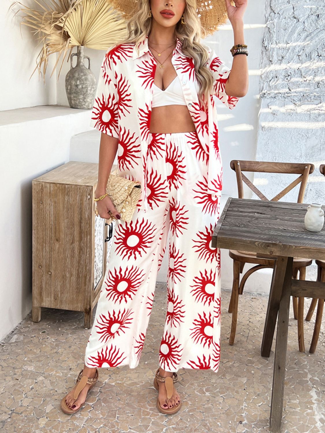 Printed Collared Half Sleeve Top and Pants Set - Eclectage