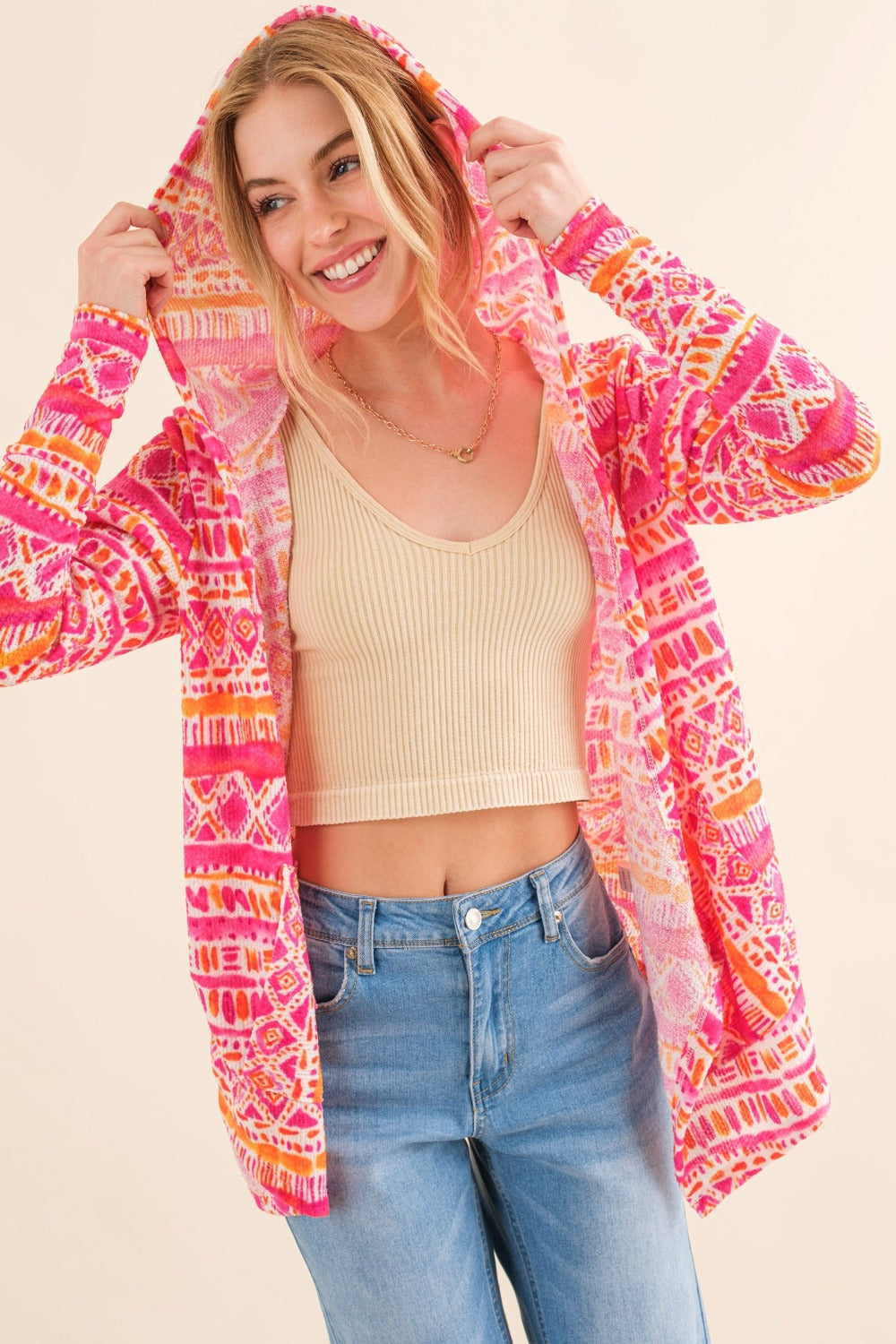 Coral Printed Thermal Hooded Cardigan - Eclectage