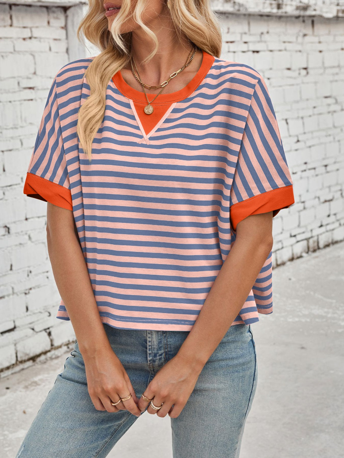 Lovelet Striped Round Neck Short Sleeve T-Shirt - Eclectage