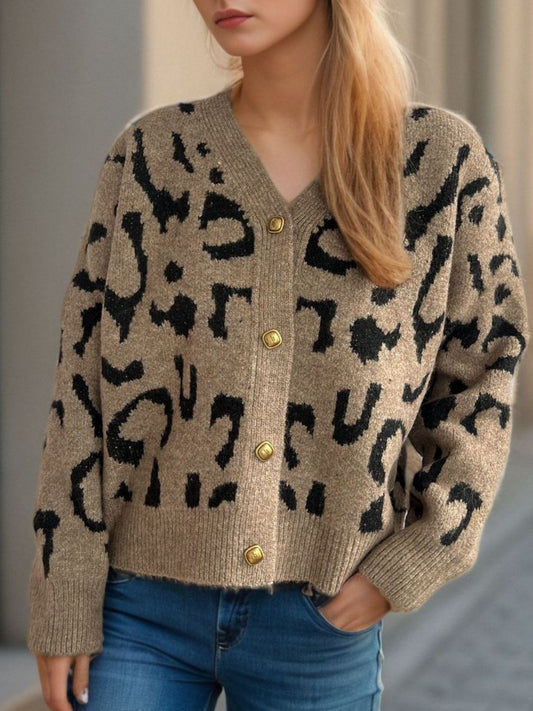 Leopard V-Neck Button Up Cardigan - Eclectage