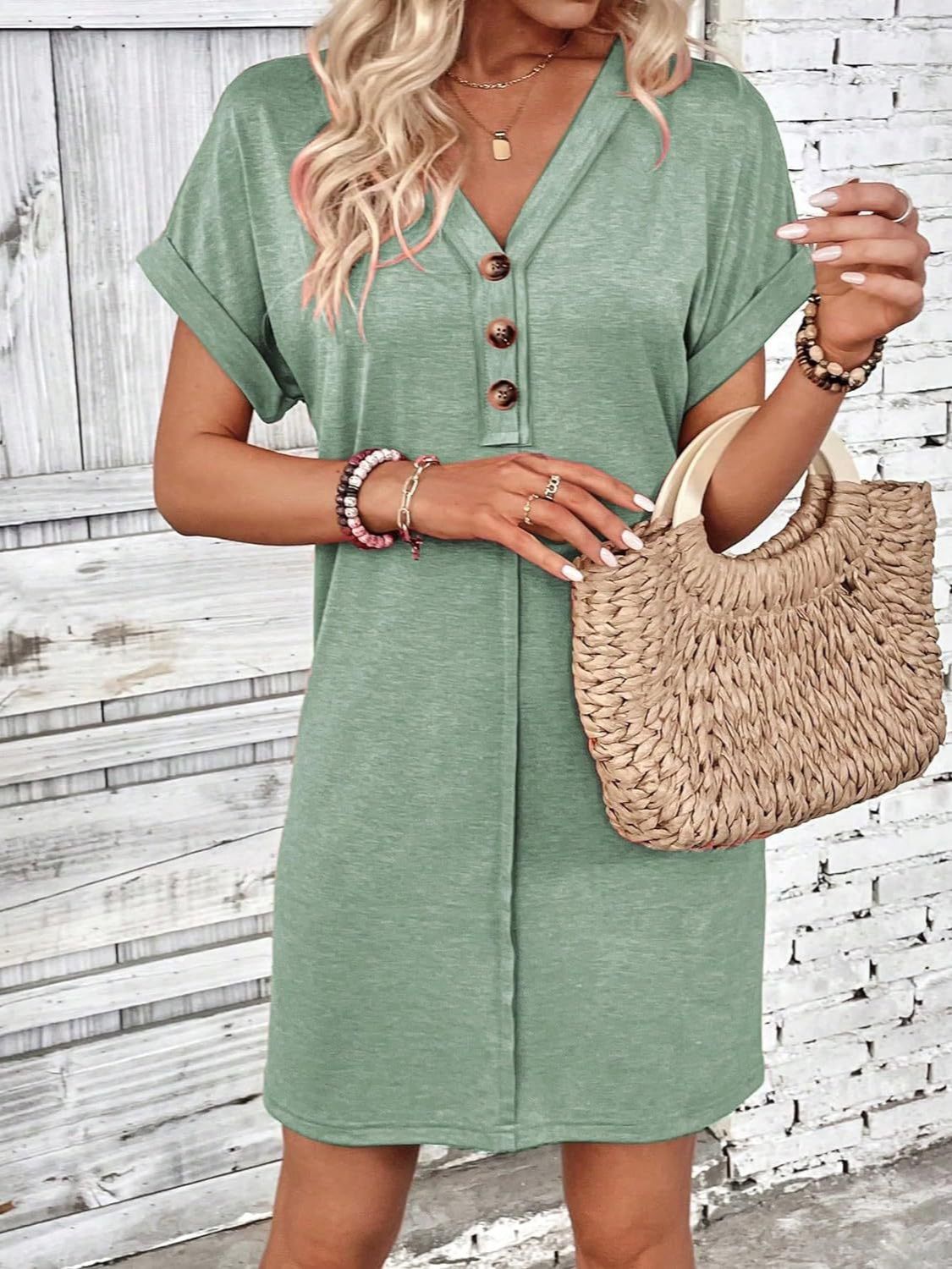 Quarter Button V-Neck Short Sleeve Dress - Eclectage