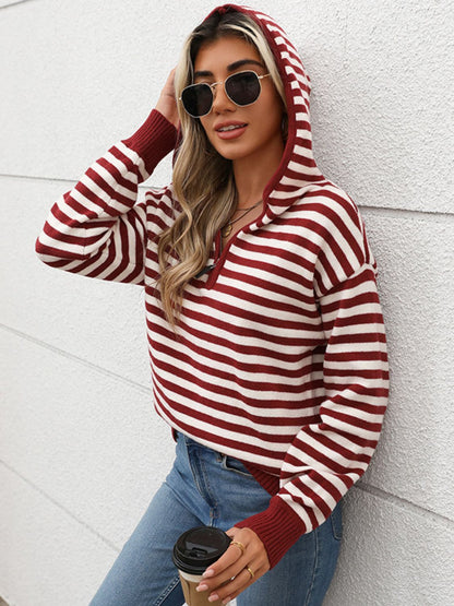 Perfee Striped Long Sleeve Hooded Sweater - Eclectage