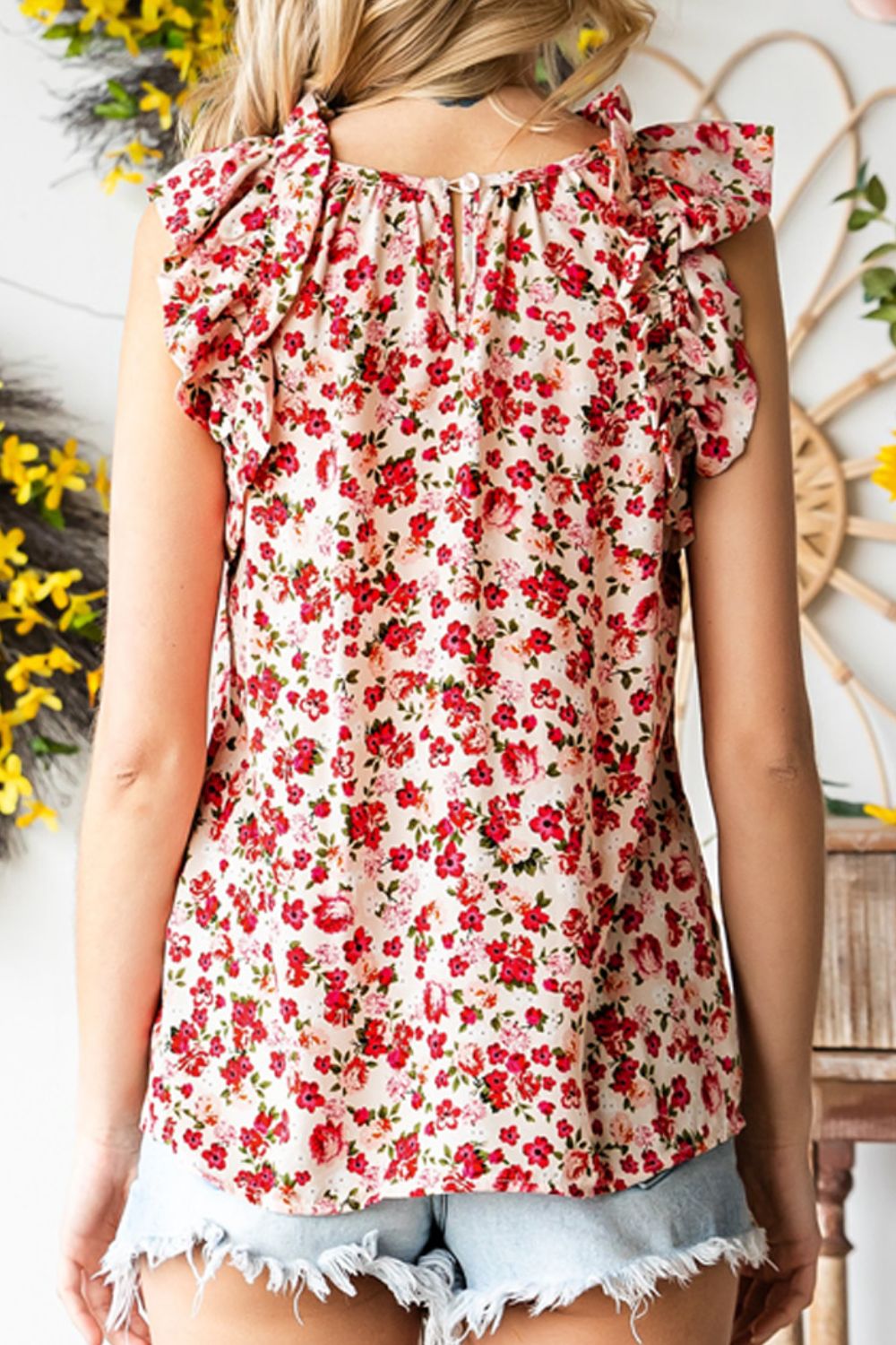 Red Floral Round Neck Cap Sleeve Blouse - Eclectage