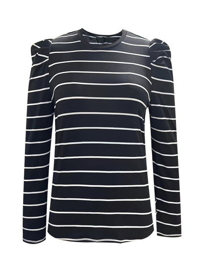 Full Size Striped Round Neck Puff Sleeve T-Shirt - Eclectage