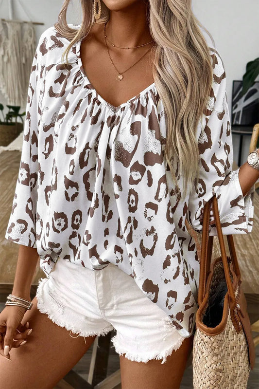 Leopard V-Neck Three-Quarter Sleeve Blouse - Eclectage