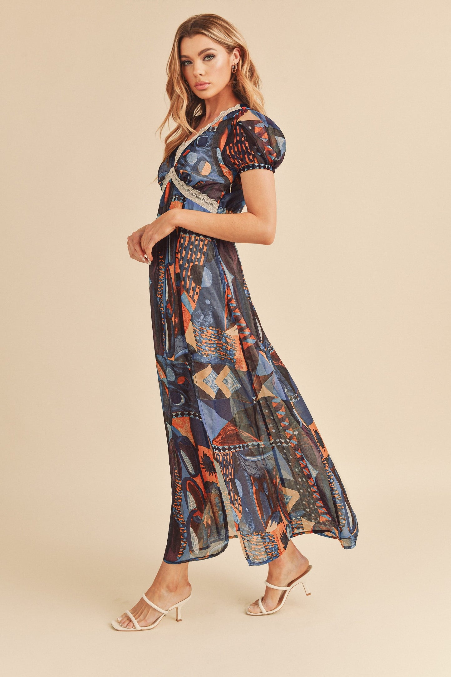 Geometric Print Short Sleeve Maxi Dress - Eclectage