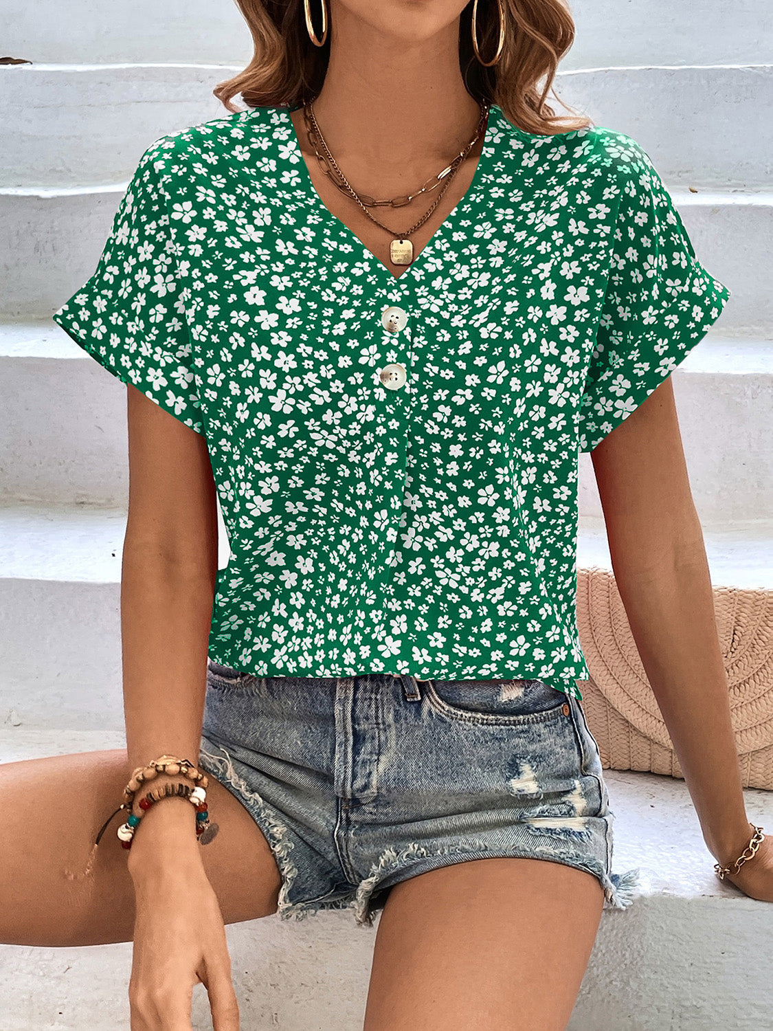 Floral V-Neck Short Sleeve Blouse - Eclectage