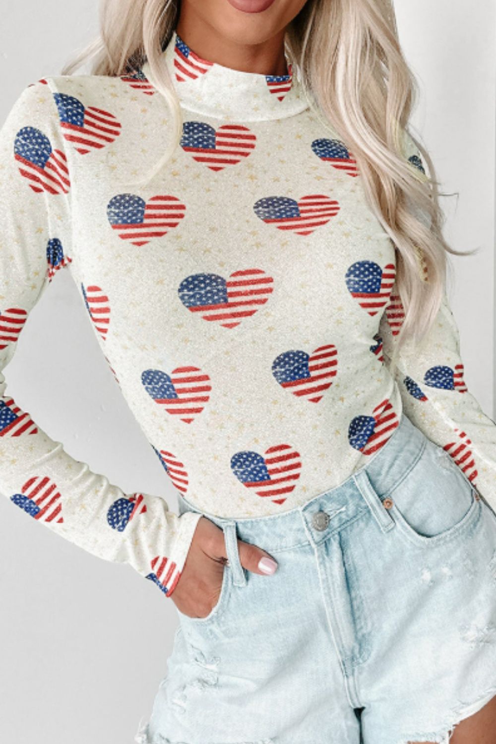 US Flag Heart Mock Neck Long Sleeve Bodysuit - Eclectage