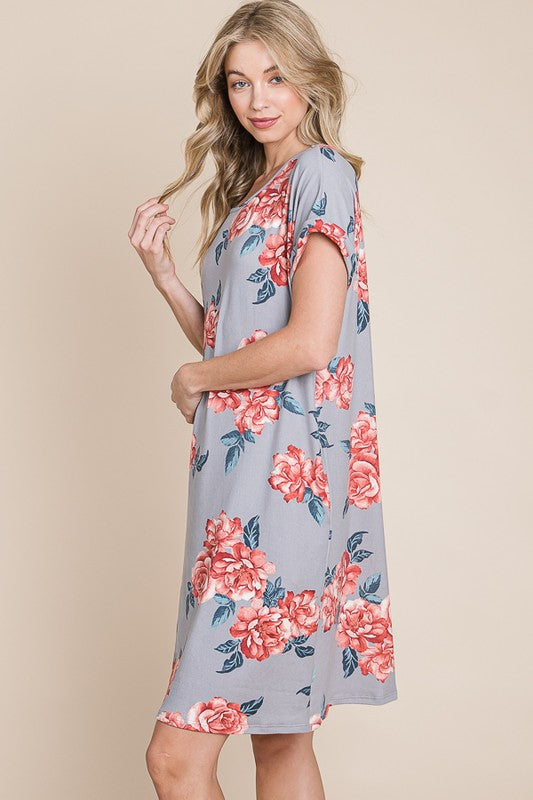 Gray Floral Short Tee Dress - Eclectage