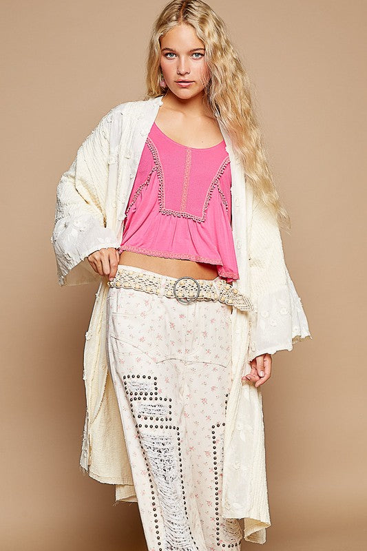 Cream Flower Lace Long Cardigan - Eclectage