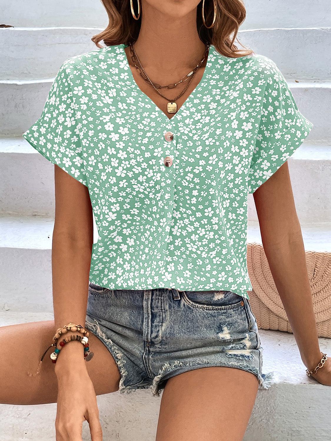 Floral V-Neck Short Sleeve Blouse - Eclectage