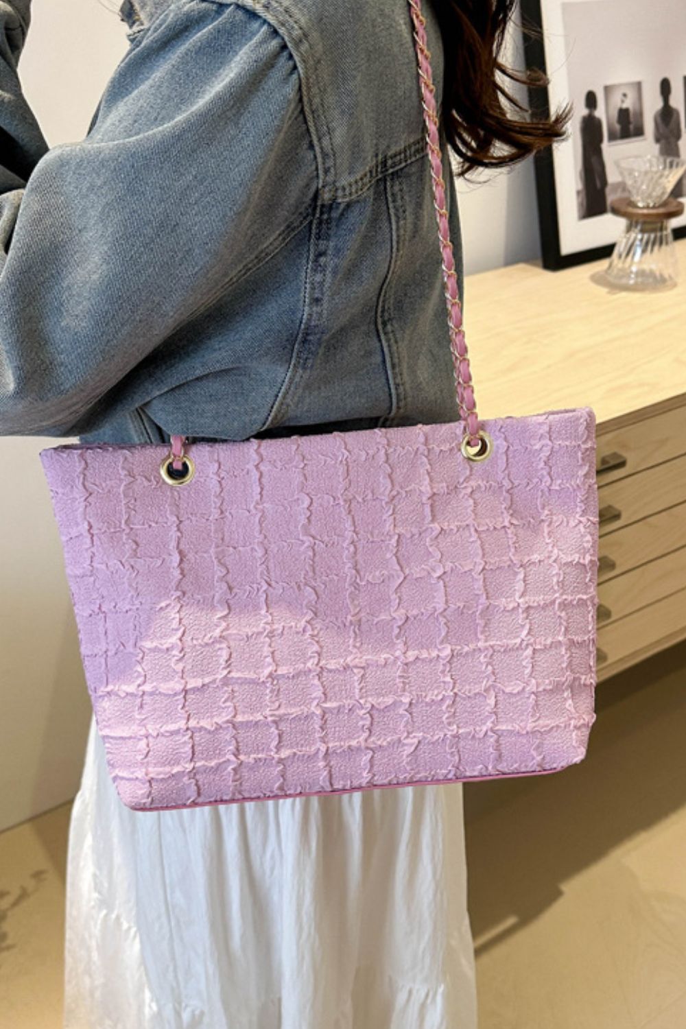 Polyester Texture Chain Tote Bag - Eclectage