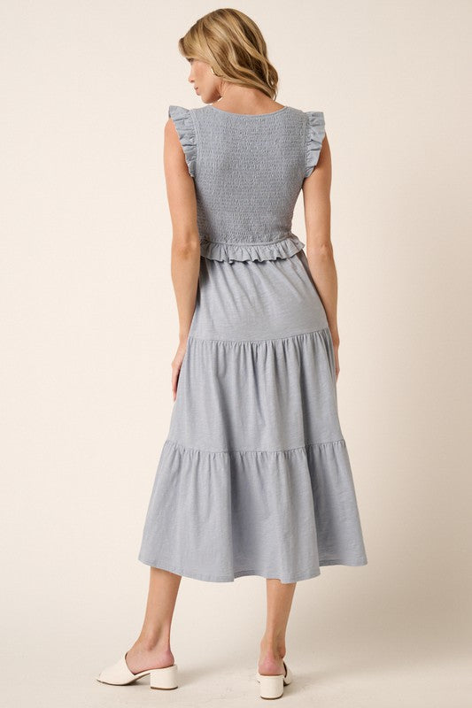 Dusty Blue Ruffled Midi Dress - Eclectage