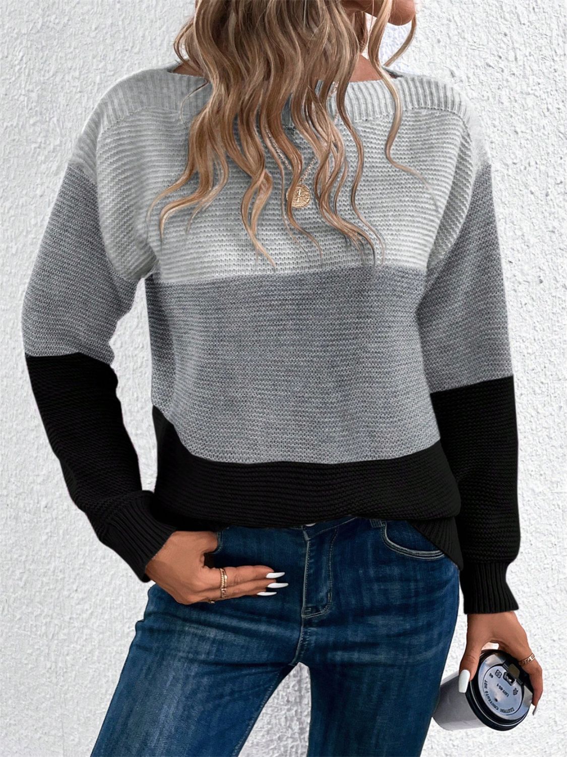 Color Block Drop Shoulder Long Sleeve Sweater - Eclectage