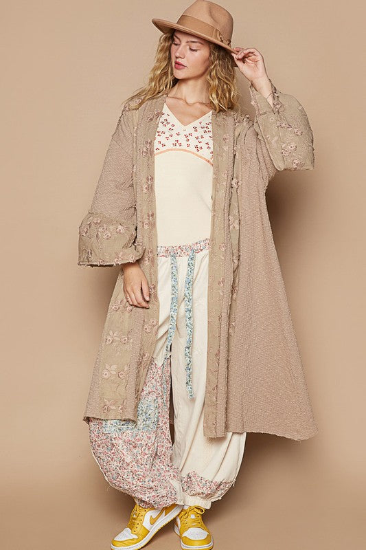 Khaki Flower Lace Trim Longline Cardigan - Eclectage