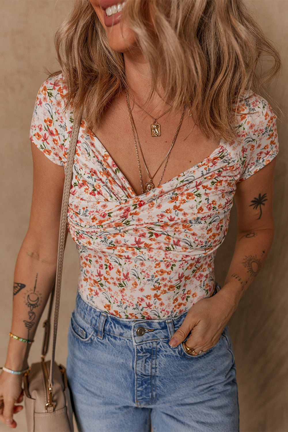 Floral Printed Short Sleeve Bodysuit - Eclectage