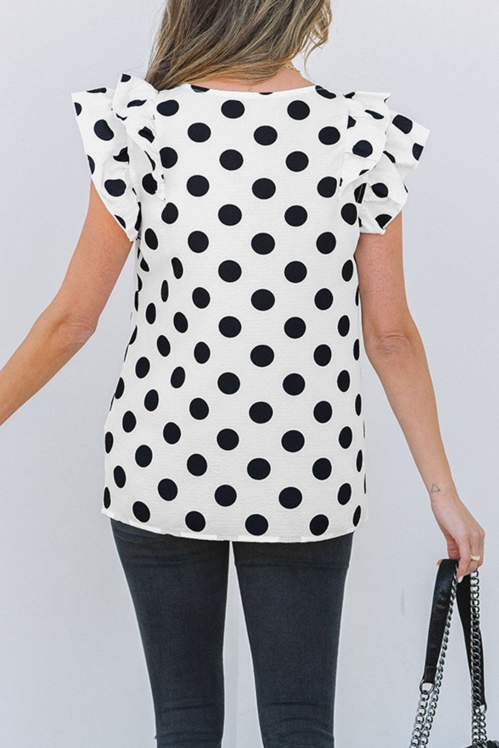 Polka Dot Ruffled Cap Sleeve V Neck Blouse - Eclectage