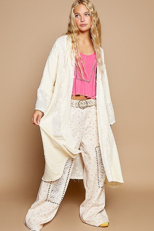 Cream Flower Lace Long Cardigan - Eclectage