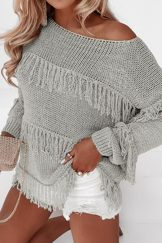 Fringe Boat Neck Long Sleeve Sweater - Eclectage