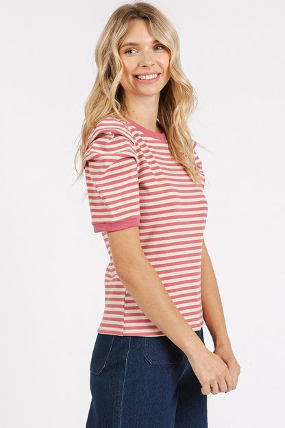 Mauve Striped Puff Sleeve T-Shirt - Eclectage