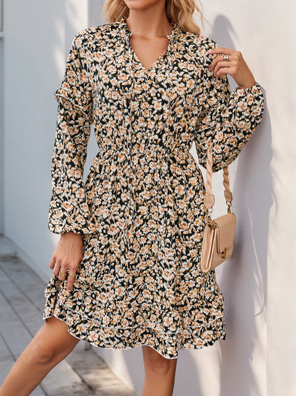 Printed Tie Neck Long Sleeve Mini Dress