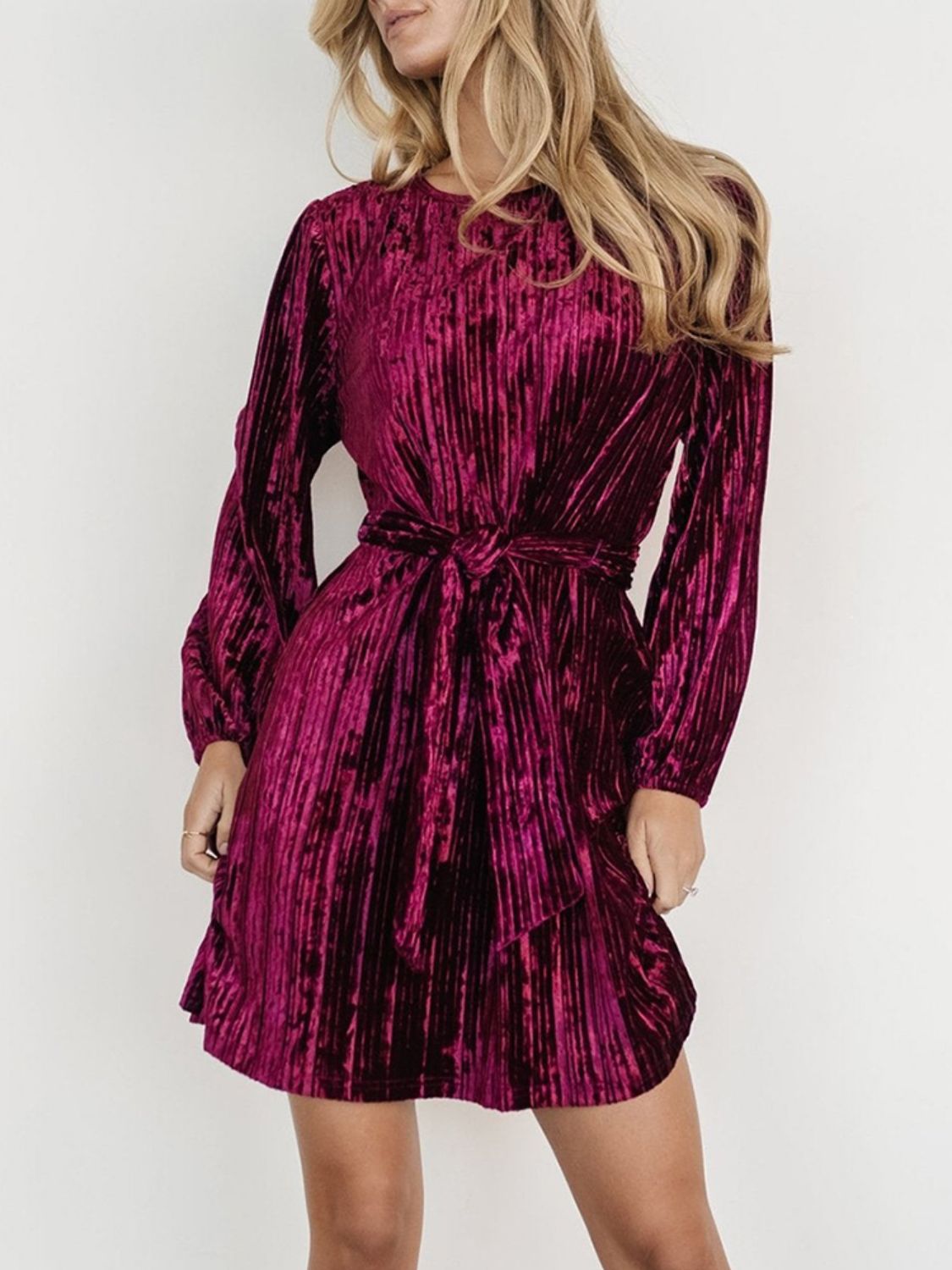 Velvet Tie Waist Long Sleeve Mini Dress