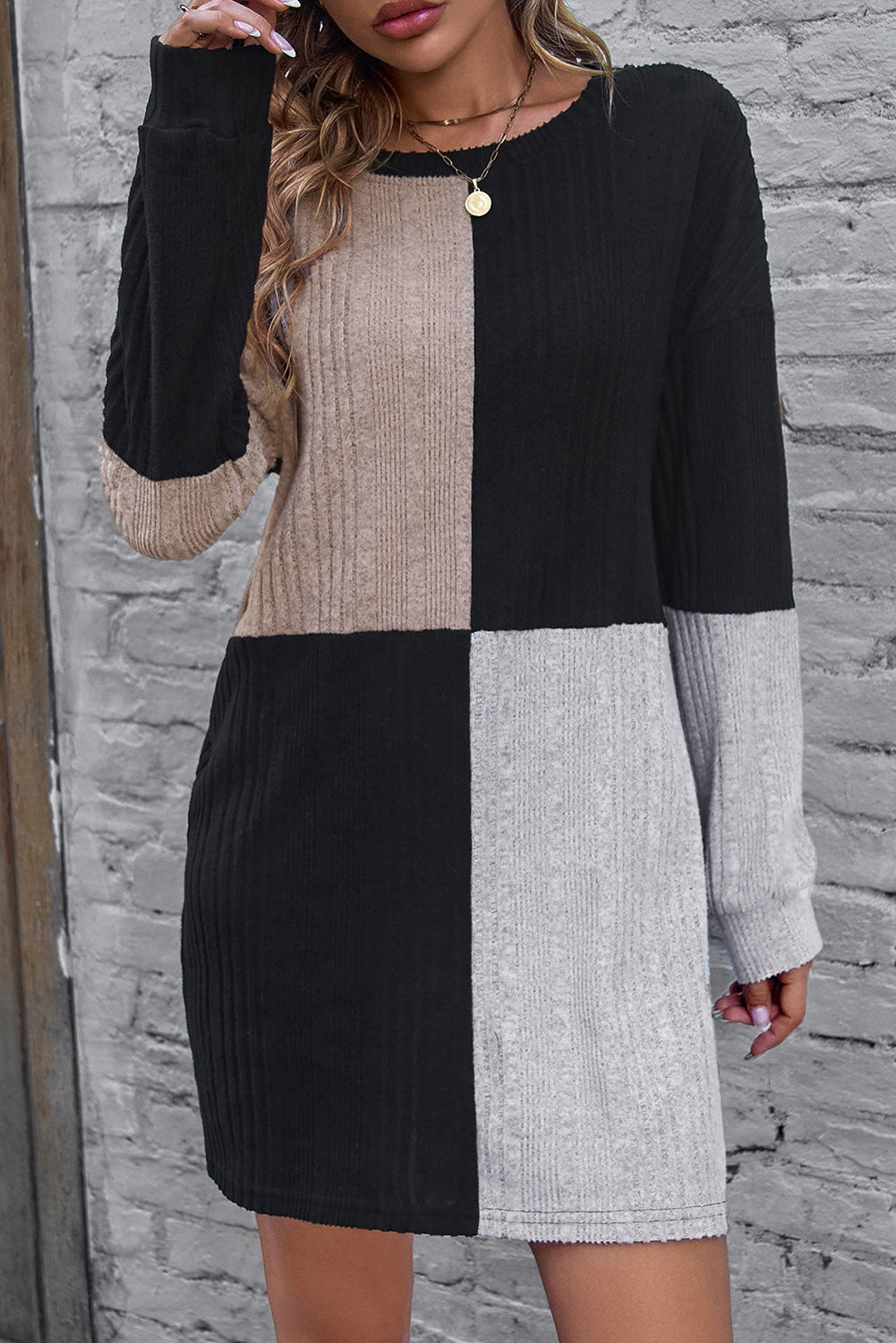 Color Block Black Long Sleeve Dress