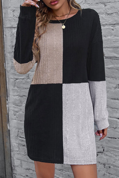 Color Block Black Long Sleeve Dress