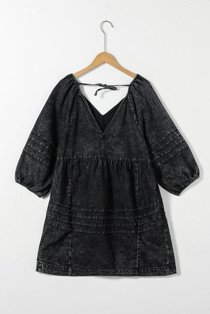 V-Neck Three Quarter Sleeve Denim Dress - Eclectage