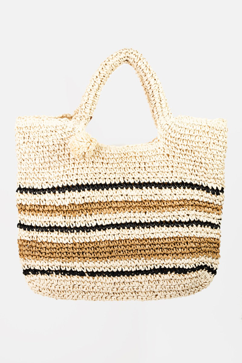 Striped Straw Braided Tote Bag - Eclectage