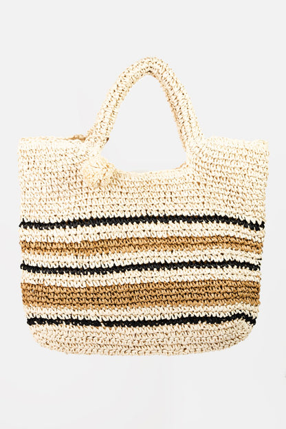 Striped Straw Braided Tote Bag - Eclectage