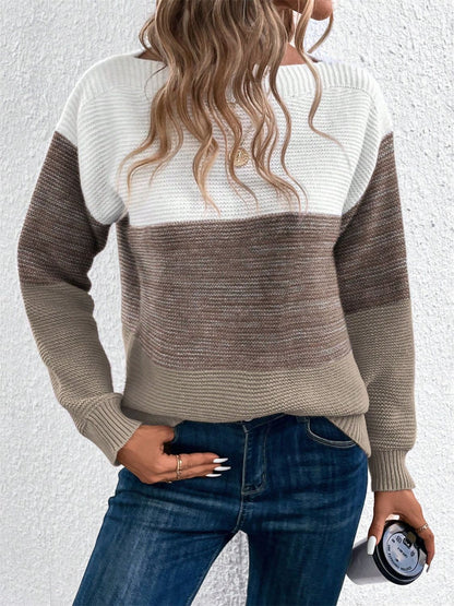 Color Block Drop Shoulder Long Sleeve Sweater - Eclectage