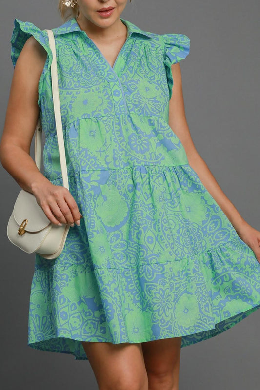 Gum Leaf Printed Ruffle Cap Sleeve Dress - Eclectage