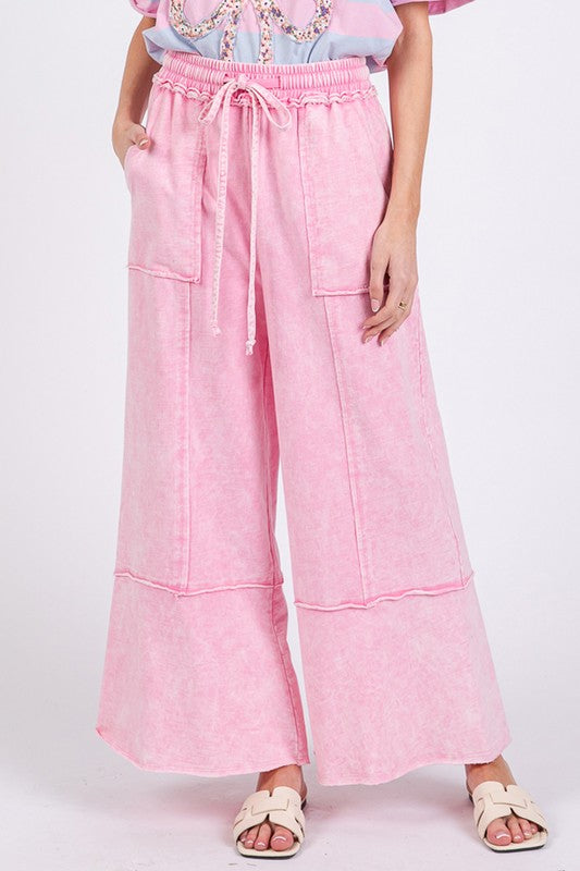 Pink Mineral Washed Terry Wide Leg Pants - Eclectage