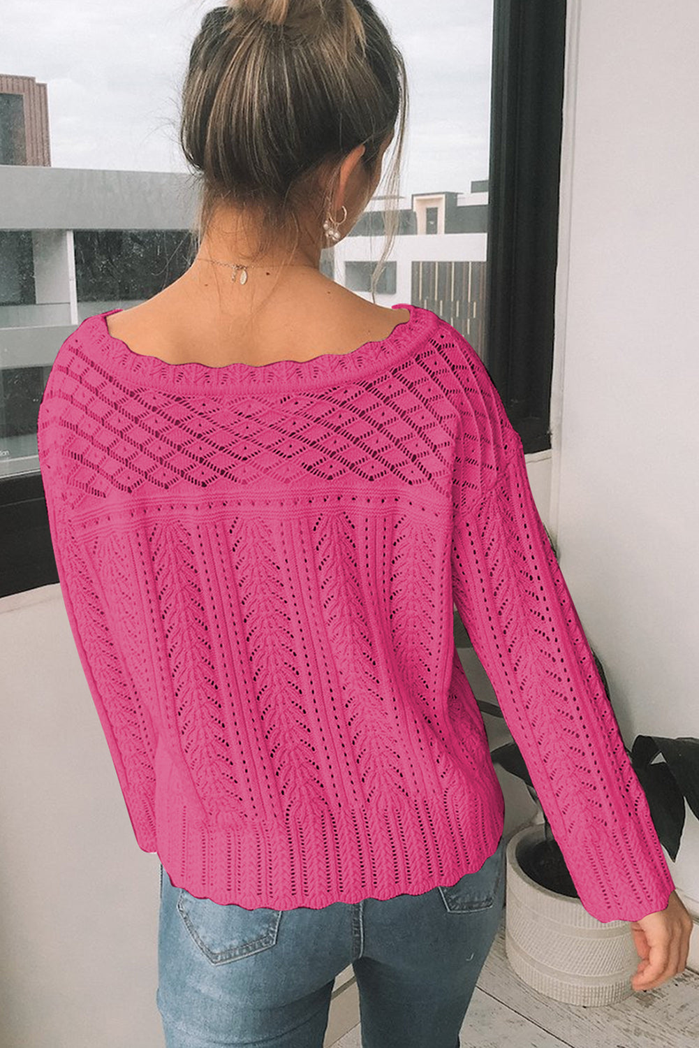 Openwork Round Neck Long Sleeve Knit Top - Eclectage