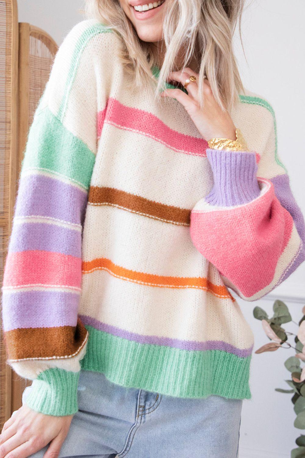 Contrast Striped Round Neck Drop Shoulder Sweater - Eclectage