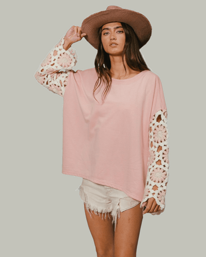 Blush Pink French Terry & Crochet Top