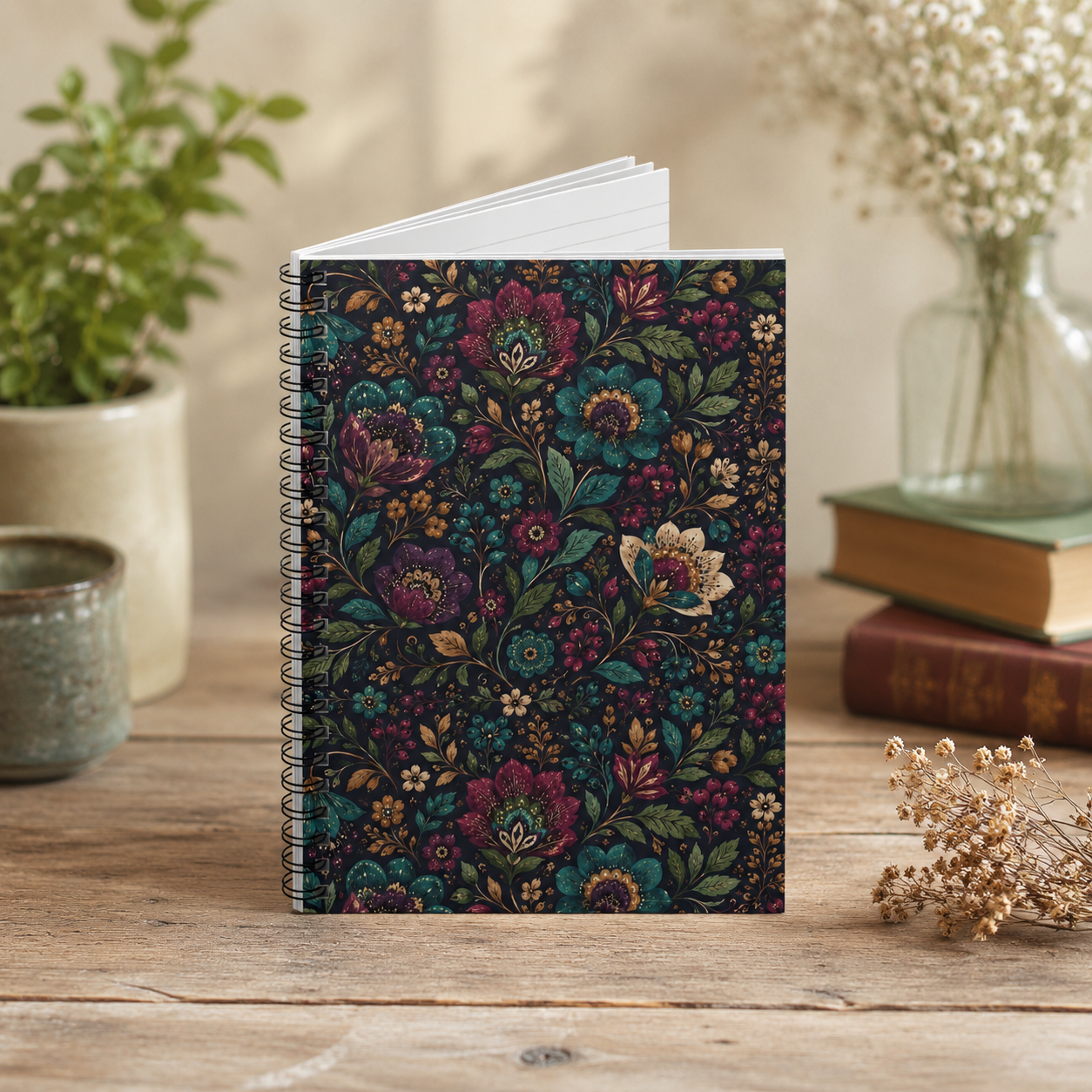 Dark Boho Floral Lined Spiral Notebook
